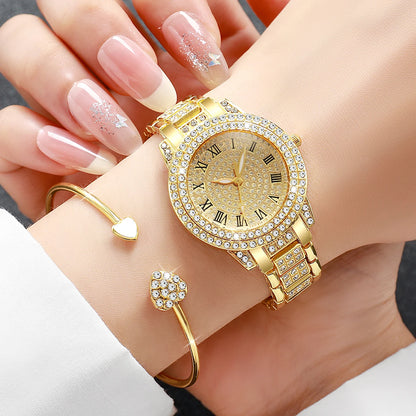 Gold alloy & Diamond Women Watch With Heart Jewelry Set (Without Box) 2 or 6PCS