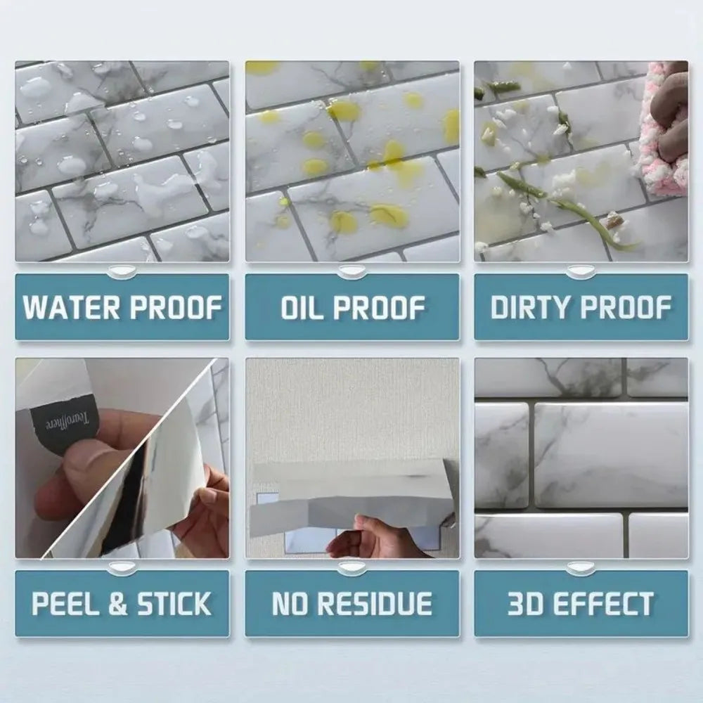 3D self-adhesive wall stickers, waterproof and easy to clean, suitable for kitchen, bathroom, living room, dining room, etc.