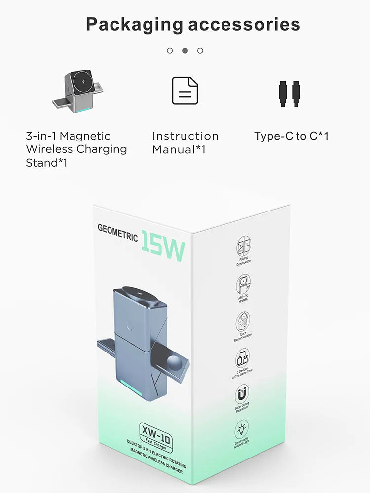 Rotating iphone  3in1 15w Magnetic Wireless Charger Stand For iPhone 16 15 14 13 12 Max  iWatch Airpods Fast Charging Dock