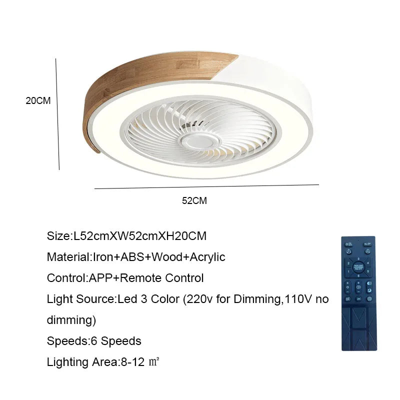 Modern Wood 52CM Bedroom or dinning room Ceiling Fan Light Lamp 220V APP + Remote Control