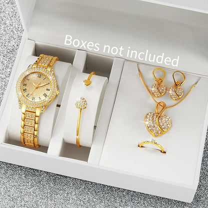 Gold alloy & Diamond Women Watch With Heart Jewelry Set (Without Box) 2 or 6PCS
