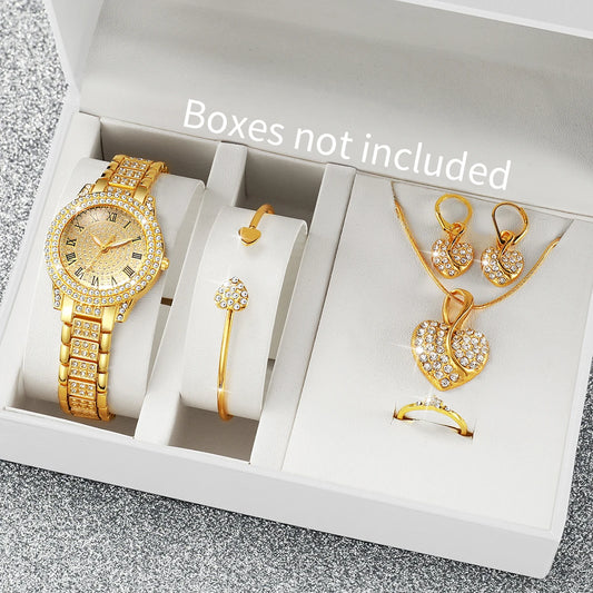 Gold alloy & Diamond Women Watch With Heart Jewelry Set (Without Box) 2 or 6PCS