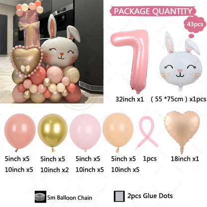 43pcs Rabbit Balloon Set With 32inch 1-9 Pink Number Balloon for Easter Themed Birthday Party Decoration Kids Toys Helium Globos