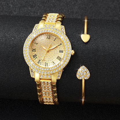 Gold alloy & Diamond Women Watch With Heart Jewelry Set (Without Box) 2 or 6PCS