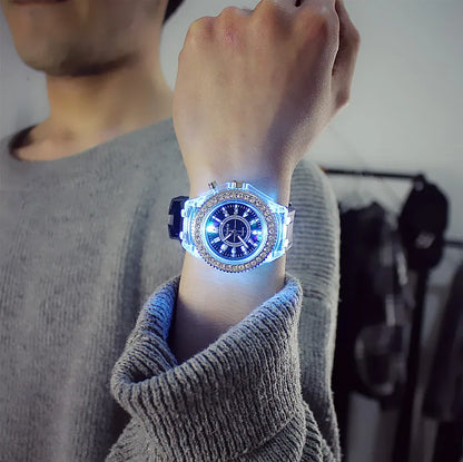 LED Light Flash Luminous Watches Women Men Boys Girls Silicone Wrist Watch Fashion Rhinestone Clock Kids Children Relogio Saati