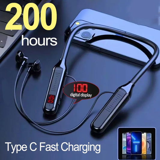Wireless Earphones 5.3 Neckband LED Display Headphones  Waterproof Magnetic Earbuds