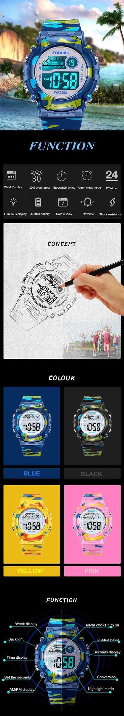 Digital LED Luminous Waterproof Watch for Kids Multi-function