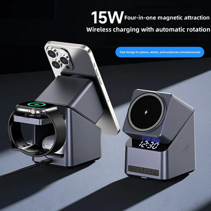 4 In 1 Magnetic Wireless Charger One-Touch 180° Rotation & Digital Clock Display,Fast Charging Station For iPhone iWatch AirPods