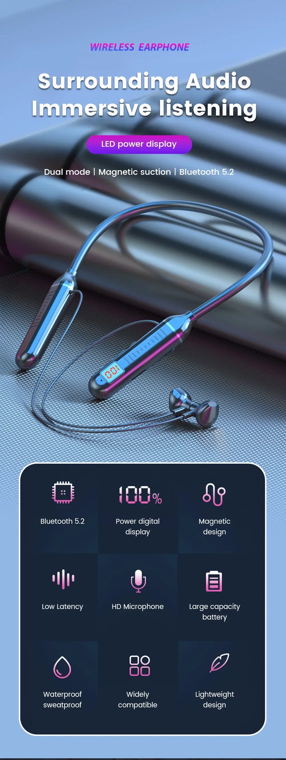 Wireless Earphones 5.3 Neckband LED Display Headphones  Waterproof Magnetic Earbuds