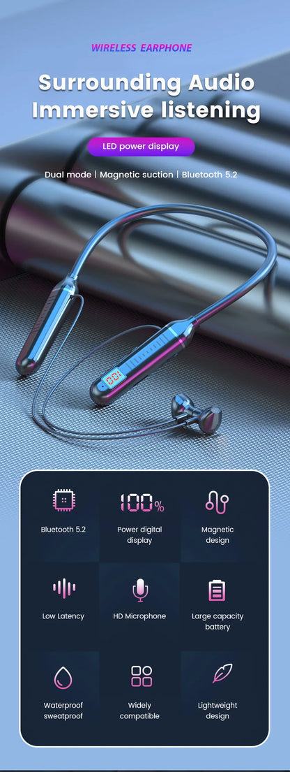 Wireless Earphones 5.3 Neckband LED Display Headphones  Waterproof Magnetic Earbuds