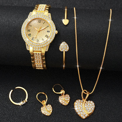 Gold alloy & Diamond Women Watch With Heart Jewelry Set (Without Box) 2 or 6PCS