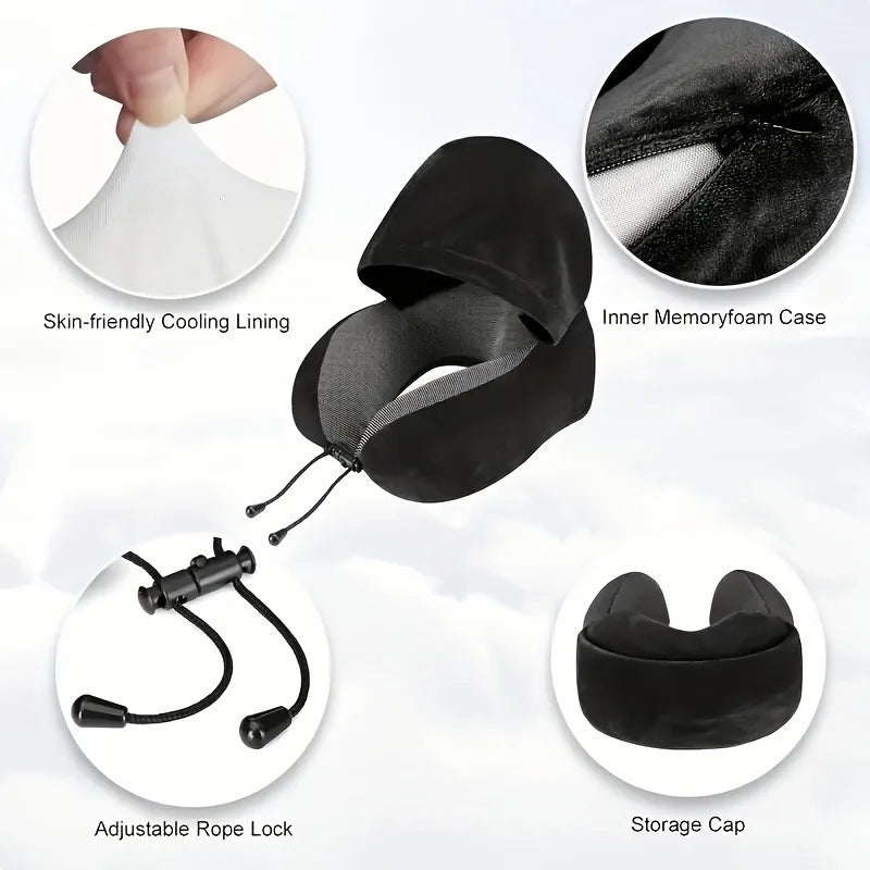 Neck Support for Airplane Memory Foam U-Shaped Travel Pillow with Detachable Hoodie