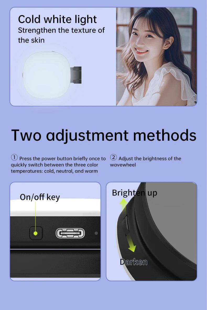 Mini Magnetic Selfie Mirror Led Light dual-colour adjustable reversible fill light bracket