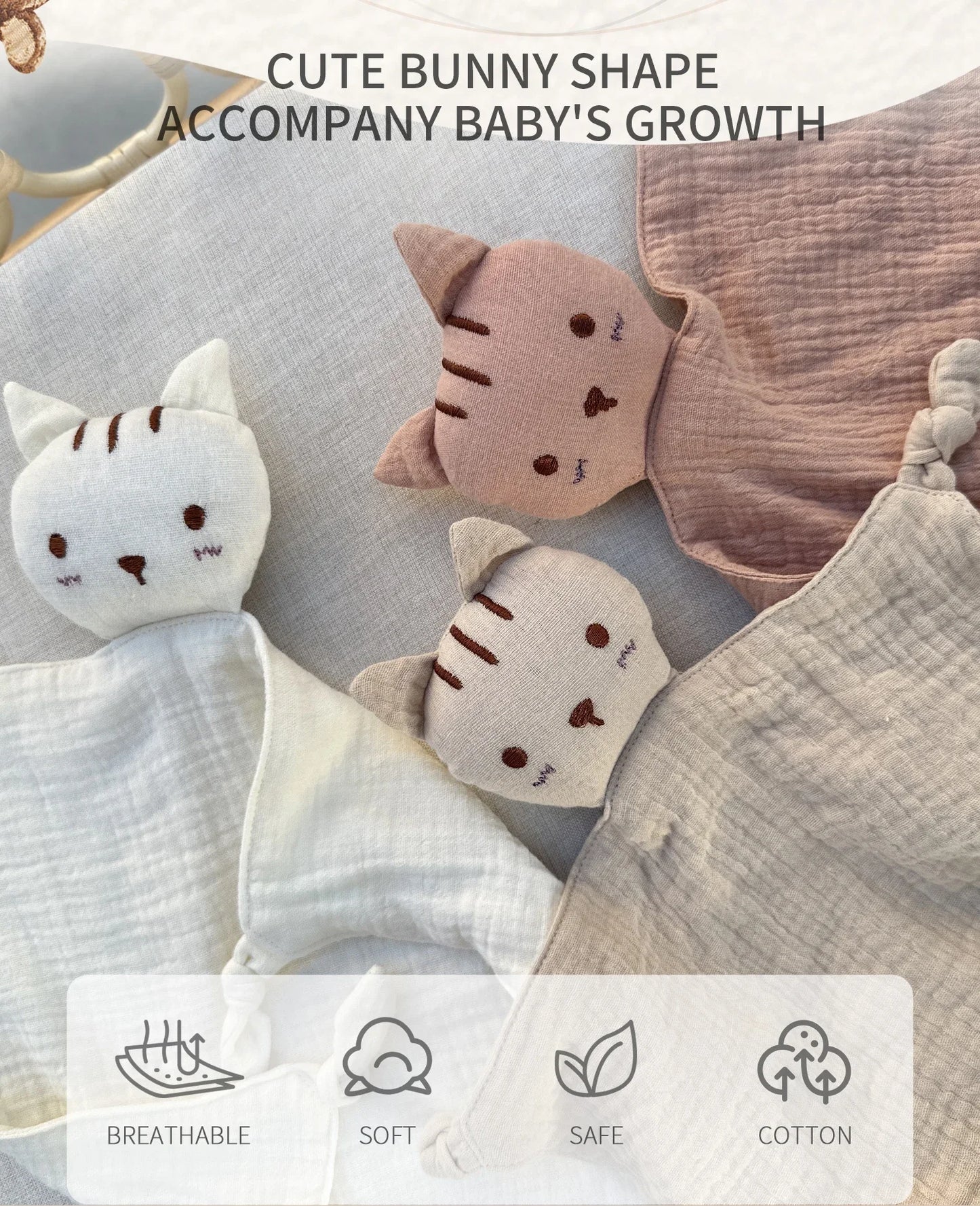 Soft Cotton Baby Bib Stuffed Cat Doll Newborn Towel Blanket