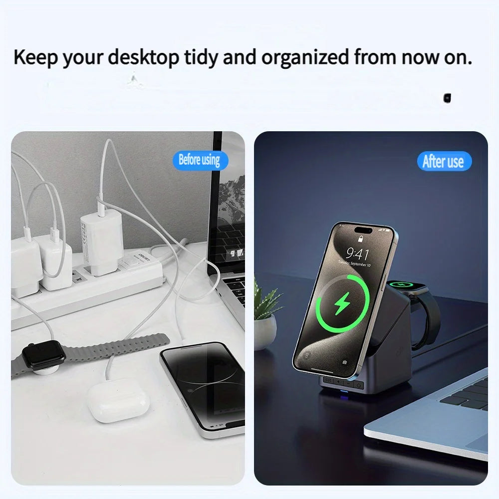 4 In 1 Magnetic Wireless Charger One-Touch 180° Rotation & Digital Clock Display,Fast Charging Station For iPhone iWatch AirPods